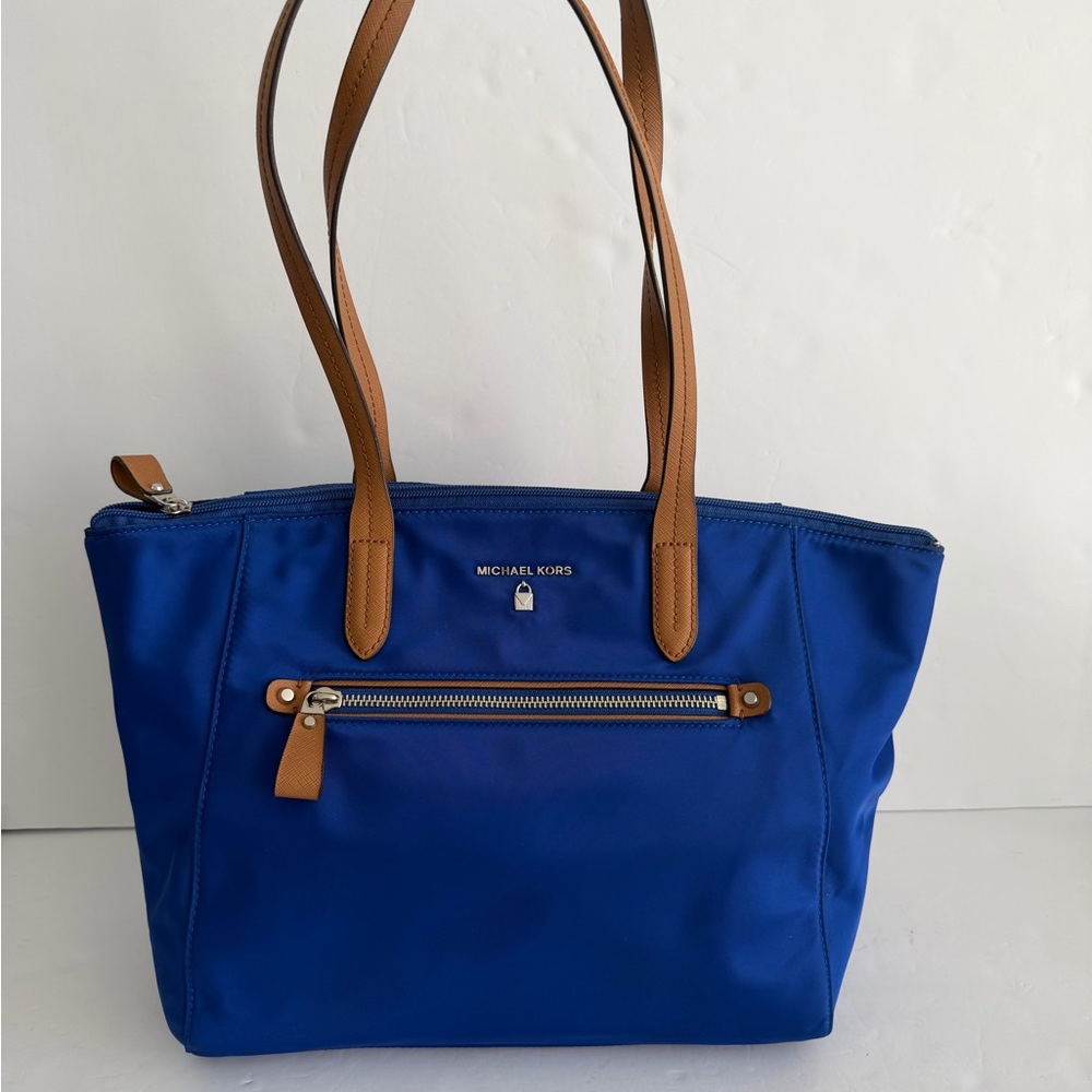 Michael Kors Kelsey Medium Nylon Tote Bag Cobalt Blue Tan Leather Trim Travel.